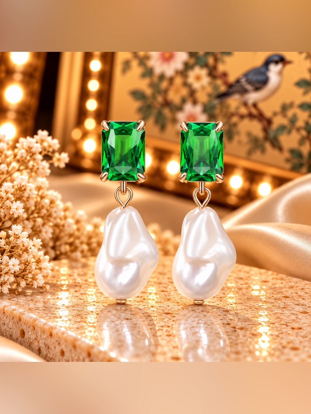 Gemstone Pearl Drop Earrings Statement Dangle Bridal Jewelry